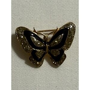 Butterfly Brooch Pin Pendant 1" Gio Lind 14K Gold GE Black Enamel Sparkles